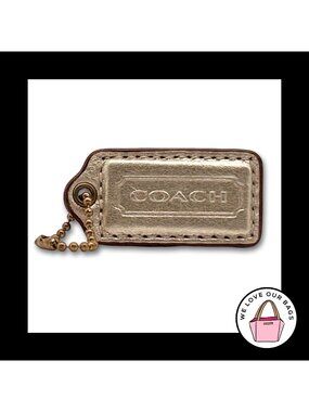 2" COACH Gold Metallic Leather Antique Brass Key Fob Bag Charm Keychain Hang Tag